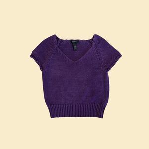 90s Express purple knit blouse, vintage size L knit short sleeve womens pullover